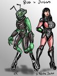  alien ambiguous_gender antennae_(anatomy) armor arthropod big_breasts black_hair bodysuit boots breasts clothing dcedican duo ex female footwear green_eyes grey_background hair hi_res high_heels human mammal mandibles natashamilasevic science_fiction shoes simple_background skinsuit text tight_clothing 