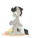 2019 black_hair black_mane blush cutie_mark diaper dreamyart equid equine fan_character feathered_wings feathers feral fur furgonomics green_eyes grey_body grey_fur hair looking_down male mammal mane my_little_pony pacifier playing pterippus simple_background sitting solo white_background wings 
