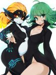  breasts cleavage clothed clothing colored_sclera duo female green_eyes green_hair hair hi_res human humanoid mammal midna nintendo not_furry one_punch_man orange_hair ponytail red_eyes simple_background slugbox tatsumaki the_legend_of_zelda twili twilight_princess video_games white_background 