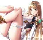  1girl bangs bare_shoulders blonde_hair blush breasts cleavage dress elbow_gloves eol_9 gloves headpiece highres hikari_(xenoblade_2) large_breasts long_hair looking_at_viewer panties solo swept_bangs thigh_strap thighs tiara underwear xenoblade_(series) xenoblade_2 yellow_eyes 