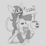  1:1 candy carrying cub domestic_cat felid feline felis food ghostbro hi_res kobold mammal open_mouth piggyback reptile scalie tongue trick_or_treat young 