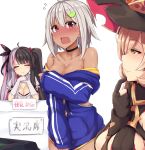  3girls ahoge arm_between_breasts bangs black_choker black_gloves black_hair blonde_hair blush breasts choker cleavage cleavage_cutout closed_eyes closed_mouth collarbone commentary dark_skin earrings facing_another fang fang_out flying_sweatdrops food_themed_hair_ornament gloves hair_between_eyes hair_bobbles hair_ornament hair_ribbon hat hayama_marin highres jewelry large_breasts lime_slice long_hair looking_at_another medium_breasts mole mole_under_eye multicolored_hair multiple_girls nijisanji nui_sociere ocha_(ochappie) off_shoulder open_mouth partly_fingerless_gloves red_eyes red_hair ribbon silver_hair simple_background sketch skin_fang sleeves_past_wrists streaked_hair stud_earrings thick_eyebrows twintails two-tone_hair undressing very_long_hair virtual_youtuber white_background white_gloves witch_hat yellow_eyes yorumi_rena 