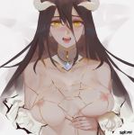  1girl albedo bare_shoulders black_hair blush breasts cleavage demon_girl demon_horns detached_collar hair_between_eyes highres horns large_breasts long_hair nipples open_mouth overlord_(maruyama) redooo slit_pupils succubus yellow_eyes 