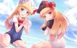  2girls :d black_capelet black_headwear black_school_swimsuit blonde_hair blue_eyes blue_sky blush bow bowtie capelet cloud commentary_request day dutch_angle eyebrows_visible_through_hair fairy_wings hat hat_bow highres lily_black lily_white long_hair looking_at_viewer lzh multiple_girls open_mouth outdoors red_bow red_eyes school_swimsuit shiny shiny_clothes sitting skindentation sky smile swimsuit touhou v-shaped_eyebrows water wet wet_clothes white_capelet white_headwear white_school_swimsuit white_swimsuit wings 