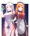  2girls apron bangs blush breasts commentary cross emilia_(re:zero) eyebrows_visible_through_hair frown gloves highres holding holding_syringe large_breasts long_sleeves multiple_girls neon_genesis_evangelion nurse orange_hair purple_eyes re:zero_kara_hajimeru_isekai_seikatsu short_sleeves smile souryuu_asuka_langley supremacy syringe torn_clothes white_apron white_gloves white_hair 