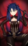  &gt;:( 1girl belt black_bodysuit black_bow black_gloves blue_eyes blue_hair blush bodysuit bow cleavage_cutout closed_mouth commentary_request covered_navel fate/grand_order fate_(series) flat_chest gloves gradient_hair hair_bow hand_in_hair highres horns ishtar_(fate/grand_order) long_hair looking_at_viewer multicolored_hair nestea pink_hair red_hair sitting skin_tight solo space_ishtar_(fate) streaked_hair two_side_up v-shaped_eyebrows very_long_hair 
