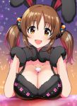  1girl :d animal_ears bangs bare_shoulders black_dress black_gloves blush breasts bunny_ears cleavage commentary_request dress eyebrows_visible_through_hair fake_animal_ears fang fur-trimmed_dress fur_gloves gloves gradient gradient_background halloween heart heart-shaped_pupils heart_necklace idolmaster idolmaster_cinderella_girls jewelry large_breasts long_hair looking_at_viewer natsuya open_mouth orange_background parted_bangs pendant purple_background sidelocks sleeveless sleeveless_dress smile solo sparkle symbol-shaped_pupils tareme totoki_airi twintails upper_body yellow_eyes 