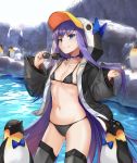  1girl absurdres animal_costume animal_hood bikini bird black_bikini black_jacket blue_bow blue_choker blue_eyes bow choker collarbone eyewear_on_head fate/grand_order fate_(series) flat_chest greaves highres holding holding_eyewear hood hood_up jacket long_hair long_sleeves meltryllis meltryllis_(swimsuit_lancer)_(fate) navel penguin penguin_costume penguin_hood purple_hair solo sunglasses swimsuit user_zfhc5573 very_long_hair 