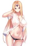  1girl abigail_williams_(fate/grand_order) ass_visible_through_thighs bangs black_panties blonde_hair blue_eyes blush breasts cleavage collarbone covered_nipples fate/grand_order fate_(series) forehead glowing glowing_eye hand_in_hair highres keyhole large_breasts long_hair looking_at_viewer navel older panties parted_bangs see-through simple_background solo spider_apple thighs third_eye underwear white_background 