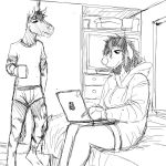  1:1 2019 anthro barefoot bed bedroom black_and_white canid canine canis clothing comic computer domestic_dog duo equid equine eyes_closed female furniture hi_res hladilnik hoodie inside laptop male mammal michelle_(hladilnik) monochrome shirt sitting standing topwear underwear zebra zebra_son_(hladilnik) 