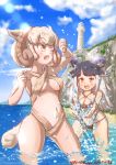  2girls :d ;d animal_ear_fluff animal_ears black_hair blue_sky breasts brown_eyes character_name cliff cloud commentary_request criss-cross_halter dated day eyebrows_visible_through_hair halterneck highres himalayan_tahr_(kemono_friends) horizontal_pupils horns kemono_friends long_hair medium_breasts multicolored_hair multiple_girls navel o-ring o-ring_bikini one_eye_closed open_mouth outdoors platinum_blonde_hair sheep_(kemono_friends) sheep_ears sheep_girl sheep_horns short_hair sky smile splashing tail tower twitter_username two-tone_hair v-shaped_eyebrows wading water white_hair yonaka-nakanoma 