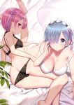 2girls absurdres ass bangs bare_arms bare_shoulders barefoot bed_sheet black_bra black_panties blue_eyes blue_hair blush bra breasts butt_crack cleavage collarbone eyebrows_visible_through_hair gradient_hair hair_ornament hair_over_one_eye hair_ribbon highres large_breasts legs_up looking_at_viewer lying multicolored_hair multiple_girls off_shoulder on_stomach panties panty_pull parted_lips pillow pink_hair pink_ribbon purple_hair purple_ribbon ram_(re:zero) re:zero_kara_hajimeru_isekai_seikatsu red_eyes rem_(re:zero) ribbon scan shiny shiny_hair shiny_skin siblings sidelocks sisters small_breasts strap_slip thighs toes underwear underwear_only white_bra white_panties x_hair_ornament yasuyuki 