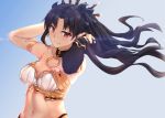  1girl armlet armpits arms_up bangs bikini black_bikini_bottom black_bow black_hair blue_background blush bow breasts cleavage closed_mouth collarbone commentary detached_collar detached_sleeves earrings eyebrows_visible_through_hair fate/grand_order fate_(series) gradient gradient_background hair_bow hands_in_hair highres hoop_earrings ishtar_(fate/grand_order) jewelry long_hair long_sleeves looking_at_viewer medium_breasts mismatched_bikini navel parted_bangs red_eyes ryouya single_detached_sleeve smile solo stomach strapless strapless_bikini swimsuit two_side_up very_long_hair wavy_hair white_bikini_top 