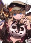  1girl bangs black_headwear black_neckwear blonde_hair blue_eyes breasts chainsaw cleavage cleavage_cutout draph eyebrows_visible_through_hair feb_itk granblue_fantasy grey_background grin hair_ornament hairlocs hallessena hat heart heart_hair_ornament highres horns jacket large_breasts long_hair long_sleeves looking_at_viewer low_twintails military_hat navel necktie open_clothes open_jacket peaked_cap pointy_ears saw simple_background smile teeth torn_clothes twintails upper_body 