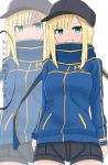  1girl :t anger_vein artoria_pendragon_(all) atsumisu bangs baseball_cap black_headwear black_shorts blonde_hair blue_jacket blue_scarf blush breasts closed_mouth commentary_request cosplay cowboy_shot eyebrows_visible_through_hair fate/grand_order fate_(series) green_eyes grin hat jacket long_hair lord_el-melloi_ii_case_files multiple_views mysterious_heroine_x mysterious_heroine_x_(cosplay) pout reines_el-melloi_archisorte scarf short_shorts shorts simple_background small_breasts smile translation_request v-shaped_eyebrows white_background wristband zoom_layer 