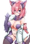  1girl animal_ears bare_shoulders blush bow breasts cleavage collared_shirt dangerous_beast dress_shirt elbow_gloves fate/grand_order fate_(series) fur-trimmed_gloves fur-trimmed_legwear fur_collar fur_trim glasses gloves hair_over_one_eye halloween_costume highres lace lace-trimmed_legwear large_breasts lavender_hair long_sleeves looking_at_viewer mash_kyrielight navel o-ring off_shoulder open_clothes open_mouth open_shirt pink_bow purple_eyes purple_gloves purple_legwear revealing_clothes sezoku shirt short_hair simple_background sitting smile solo tail thighhighs wariza white_background white_shirt wolf_ears wolf_girl wolf_tail 