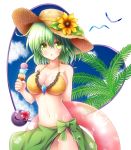  1girl :o adapted_costume arm_behind_back bangs bare_shoulders bikini breasts cleavage collarbone commentary_request cowboy_shot eyebrows_visible_through_hair eyes_visible_through_hair flower food frilled_bikini_top green_eyes green_hair green_sarong hair_between_eyes hat hat_flower highres ice_cream ice_cream_cone ice_cream_scoop innertube komeiji_koishi large_breasts looking_at_viewer navel osashin_(osada) sarong short_hair solo stomach straw_hat sun_hat sunflower swimsuit thigh_gap third_eye touhou yellow_bikini 