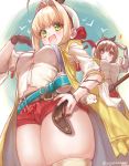 ! 2girls :d :o ahoge atelier_(series) atelier_ryza belt blonde_hair blush breasts brown_belt brown_eyes brown_hair cosplay fate/extra fate_(series) gloves green_eyes hand_on_hip hat looking_at_viewer medium_breasts multiple_girls nero_claudius_(fate) nero_claudius_(fate)_(all) open_mouth red_shorts reisalin_stout reisalin_stout_(cosplay) short_hair short_shorts shorts single_glove smile thighhighs thighs twitter_username white_headwear yayoimaka03 