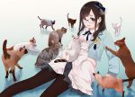  1girl animal bangs belt black_skirt blue_bow blue_jacket blue_neckwear blue_ribbon bow brown_eyes brown_hair brown_legwear cancer cat commentary earrings feet_out_of_frame glasses gradient gradient_background hanabasami_kyou highres holding holding_animal holding_cat jacket jewelry long_hair long_sleeves looking_at_viewer morifumi neck_ribbon open_mouth pantyhose pleated_skirt re:act ribbon school_uniform shirt sitting sitting_on_floor skirt sleeves_past_wrists solo too_many too_many_cats virtual_youtuber white_shirt white_skirt 