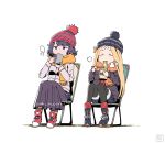  2girls abigail_williams_(fate/grand_order) bandaid_on_forehead bangs beanie black_footwear black_headwear black_legwear black_shorts blonde_hair blush boots bow breasts chair chopsticks closed_eyes crossed_bandaids cup cup_ramen drinking eating fate/grand_order fate_(series) forehead fumafu grey_jacket hair_bow hat jacket katsushika_hokusai_(fate/grand_order) long_hair long_skirt long_sleeves mug multiple_girls octopus orange_bow pantyhose parted_bangs purple_eyes purple_hair purple_skirt red_footwear red_headwear short_hair shorts simple_background sitting skirt swept_bangs tokitarou_(fate/grand_order) white_background white_jacket yurucamp 