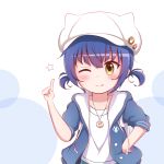  1girl ;) animal_ears animal_hat badge bangs blue_hair blue_jacket blush brown_eyes button_badge cabbie_hat closed_mouth collarbone commentary drawstring eyebrows_visible_through_hair fake_animal_ears fang fang_out gochuumon_wa_usagi_desu_ka? goth_risuto hair_between_eyes hand_on_hip hand_up hat hood hood_down hooded_jacket index_finger_raised jacket jewelry jouga_maya one_eye_closed open_clothes open_jacket pendant shirt short_sleeves short_twintails smile solo star twintails upper_body white_background white_headwear white_shirt 