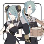  1boy 1girl aqua_hair braid breasts chinese_clothes cleavage cleavage_cutout closed_mouth cross double_bun dumpling food hair_bun hair_over_one_eye highres holding holding_plate loalo long_hair original plate pointy_ears red_eyes red_nails tied_hair upper_body 