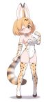  1girl ;3 adapted_costume animal_ear_fluff animal_ears bangs bare_shoulders blonde_hair bow bowtie breasts brown_eyes commentary_request detached_collar elbow_gloves extra_ears eyebrows_visible_through_hair full_body gloves hair_between_eyes highres kemono_friends legs_apart leotard looking_at_viewer medium_breasts one_eye_closed paw_pose playboy_bunny_leotard print_gloves print_legwear print_leotard print_neckwear ransusan serval_(kemono_friends) serval_ears serval_girl serval_print serval_tail short_hair sleeveless smile solo standing tail thighhighs 