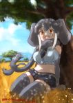  1girl :d african_elephant_(kemono_friends) bangs bare_shoulders black_neckwear blue_shirt breasts commentary dated day denim denim_shorts elbow_gloves elephant_ears elephant_tail extra_ears gloves grass grey_gloves grey_hair grey_legwear grey_scarf highres kemono_friends large_breasts looking_at_viewer midriff nature navel necktie open_mouth orange_eyes outdoors savannah scarf shirt short_hair short_shorts shorts sitting sleeveless sleeveless_shirt smile solo thighhighs tree tree_shade tusks twitter_username yonaka-nakanoma 