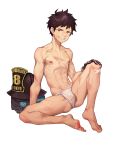  1boy abs absurdres bandaid bandaid_on_knee bandaid_on_nose barefoot black_gloves black_hair collarbone en&#039;en_no_shouboutai full_body fundoshi gloves headwear_removed helmet helmet_removed highres japanese_clothes knee_up looking_at_viewer male_focus mo_si_(z1216150815) navel nipples red_eyes scar sharp_teeth shinra_kusakabe shirtless simple_background sitting solo sweat teeth white_background 
