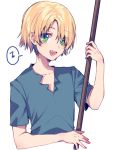  1boy :d blue_shirt dr._stone ginro_(dr._stone) green_eyes holding holding_weapon looking_at_viewer naki_mushi open_mouth shirt short_sleeves simple_background smile solo speech_bubble standing upper_body weapon white_background 