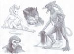  2012 absurd_res alien anthro archspirigvit canid canine fur hair hi_res horn male mammal nude open_mouth sitting teeth tongue traditional_media_(artwork) 
