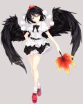  1girl artist_name bangs bare_legs belt black_belt black_bow black_hair black_neckwear black_skirt black_wings bow bowtie breasts chikuwa_savi commentary_request crossed_legs fan feathered_wings full_body geta grey_background hair_between_eyes half-closed_eyes hat head_tilt highres holding holding_fan leaf_fan looking_at_viewer medium_breasts miniskirt petticoat pom_pom_(clothes) puffy_short_sleeves puffy_sleeves red_eyes red_footwear shameimaru_aya shirt short_hair short_sleeves simple_background skirt smile socks solo standing tassel tengu-geta thighs tokin_hat touhou twitter_username white_legwear white_shirt wings 