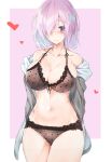  1girl arms_behind_back ass_visible_through_thighs bare_shoulders black_bra black_panties blue_hair blush bra breasts cleavage collarbone commentary_request cowboy_shot eyebrows_visible_through_hair fate/grand_order fate_(series) gradient_hair grey_jacket hair_over_one_eye heart highres jacket jjkl9195 large_breasts lingerie mash_kyrielight multicolored_hair navel off_shoulder open_clothes open_jacket panties pink_background pink_hair polka_dot polka_dot_bra polka_dot_panties purple_eyes short_hair solo stomach thigh_gap thighs underwear 
