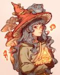  1girl artist_name bangs black_hair clivenzu familiar frog frog_on_head glasses gloves glowing hat highres holding long_hair long_sleeves looking_at_viewer mushroom original smile solo wavy_hair witch witch_hat 