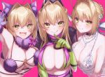  3girls :d :q ahoge animal_ear_fluff animal_ears artoria_pendragon_(all) artoria_pendragon_(lancer_alter) artoria_pendragon_(lancer_alter)_(cosplay) black_choker blonde_hair blush breasts choker claws cleavage closed_mouth cosplay dangerous_beast dress eyebrows_visible_through_hair fang fate/extra fate/grand_order fate_(series) florence_nightingale_(fate/grand_order) florence_nightingale_(fate/grand_order)_(cosplay) fur-trimmed_gloves fur_trim gloves green_eyes green_gloves hair_between_eyes halloween_costume jewelry large_breasts looking_at_viewer mash_kyrielight mash_kyrielight_(cosplay) multiple_girls navel necklace nero_claudius_(fate) nero_claudius_(fate)_(all) open_mouth pink_background purple_gloves royal_icing short_hair simple_background smile tongue tongue_out trick_or_treatment twitter_username white_dress wolf_ears yayoimaka03 