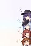  4girls ? akatsuki_(kantai_collection) anchor anchor_symbol bangs black_headwear blue_eyes blush brown_eyes brown_hair commentary_request eyebrows_visible_through_hair fang flat_cap flying_sweatdrops folded_ponytail hair_ornament hairclip hat hibiki_(kantai_collection) highres ikazuchi_(kantai_collection) inazuma_(kantai_collection) kantai_collection long_hair long_sleeves multiple_girls open_mouth ponytail purple_eyes purple_hair reitou_mikan sailor_collar school_uniform serafuku short_hair silver_hair simple_background wavy_mouth white_background 