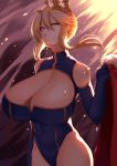  &gt;:) 1girl absurdres arm_at_side artoria_pendragon_(all) artoria_pendragon_(lancer) backlighting bangs bare_hips bare_shoulders blue_gloves blue_leotard breasts cleavage cleavage_cutout closed_mouth covered_navel cowboy_shot crown elbow_gloves eyebrows_visible_through_hair fate/grand_order fate_(series) fur_trim gloves hair_between_eyes highres holding huge_breasts leotard looking_at_viewer nekosama_shugyouchuu short_hair_with_long_locks shoulder_cutout sidelocks smug solo 