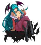  5_fingers alpha_channel breasts capcom clothed clothing crossed_legs darkstalkers demon female fingers hair head_wings humanoid long_hair morrigan_aensland not_furry simple_background sitting smile solo tornking transparent_background video_games wings 