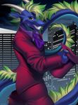  2019 anthro brown_eyes city clothed clothing detailed_background digital_media_(artwork) dragon green_hair hair hi_res horn kuroame male night outside smile solo standing teeth 