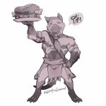  1:1 2018 abs anthro bonfiredemon capcom claws eye_scar felid feline felyne food fur looking_at_viewer lynian male mammal meowscular_chef monster_hunter muscular muscular_male nipples palico pecs scar simple_background solo video_games white_background 