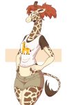  2019 anthro bottomwear brown_eyes clothed clothing digital_media_(artwork) female fingers giraffe giraffid hair hi_res horn hotpants mammal red_hair shirt shorts simple_background slightlysimian smile solo tall_female thick_thighs topwear 