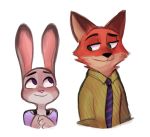  anthro canid canine cheek_tuft clothed clothing dipstick_ears disney duo face_tuft fox fur green_eyes grey_body grey_fur judy_hopps lagomorph leporid looking_at_another mammal mella multicolored_ears necktie nick_wilde orange_body orange_fur purple_eyes rabbit red_fox shirt simple_background smile topwear tuft white_background zootopia 