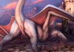  2019 animal_genitalia blue_eyes cloaca dradmon dragon female feral hi_res looking_at_viewer looking_back solo wyvern 