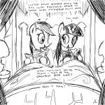  1:1 2019 bed black_and_white book dialogue docwario duo english_text equid equine female feral friendship_is_magic furniture hair hi_res horn mammal monochrome my_little_pony pterippus rainbow_dash_(mlp) text twilight_sparkle_(mlp) winged_unicorn wings 