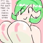  2019 2d_animation accessory animated bangs big_breasts blush breasts dialogue english_text female green_hair hair hair_accessory hairband huge_breasts humanoid_pointy_ears kokiri nintendo nipples not_furry nude pale_skin pink_background questionablecumtit saria simple_background smile solo text the_legend_of_zelda video_games 