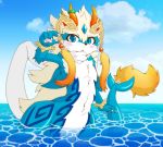  acky05_(artist) blue_body blue_eyes blue_skin blush canid canine cetacean dragon fur hi_res hybrid looking_at_viewer male mammal marine pawpads seascape shaorune solo water white_body white_fur 