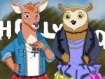  avian bird bojack_horseman bottomwear brandonomegax2 cervid charlotte_moore clothing denim denim_clothing denim_jacket dress duo female hair hollywood jacket jewelry mammal orange_hair owl purple_eyes skirt topwear wanda_pierce yellow_eyes 