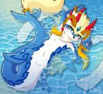  acky05_(artist) blue_body blue_eyes blue_skin blush canid canine dragon fur hi_res hybrid looking_at_viewer lying male mammal marine pawpads shaorune solo tongue tongue_out water waterscape white_body white_fur 