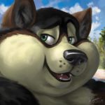  1:1 2019 absurd_res anthro black_body black_fur brown_body brown_fur canid canine canis chubby_cheeks detailed_background digital_media_(artwork) double_chin dreamworks_smirk fur headshot_portrait hi_res icon kygen male mammal open_mouth open_smile outside overweight overweight_male portrait signature smile solo wolf 