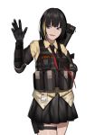  1girl :d assault_rifle bangs black_eyes black_gloves black_hair blonde_hair bulletproof_vest cero_(last2stage) elbow_pads eyebrows_visible_through_hair girls_frontline gloves gun highres holster m16 m16a1 m16a1_(girls_frontline) mole mole_under_eye name_tag necktie open_mouth pleated_skirt rifle short_hair simple_background skirt smile solo weapon white_background 